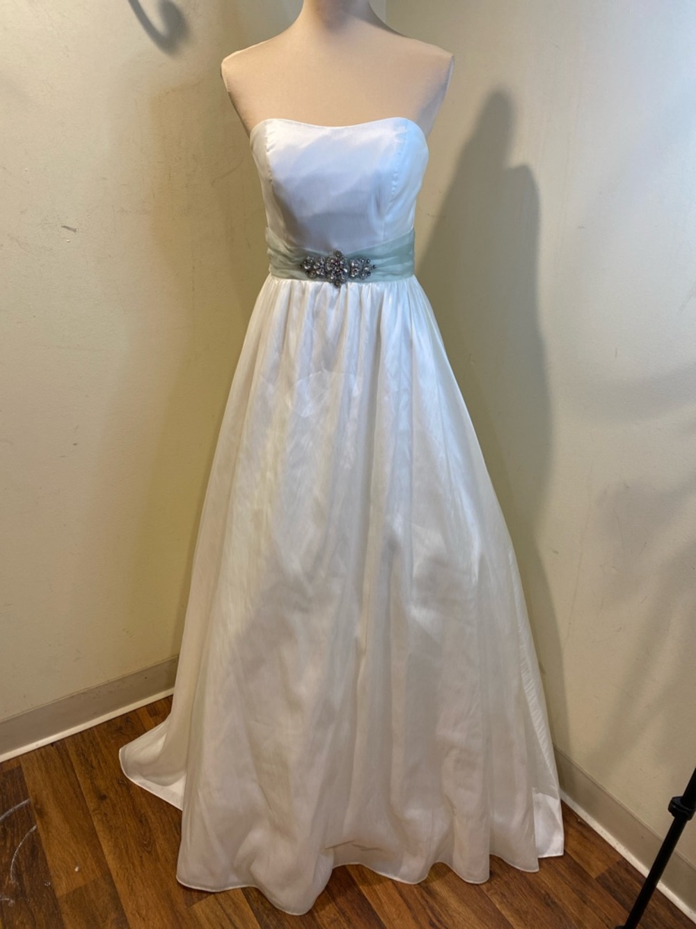 Alfred Angelo Ivory Satin Maxi Dress  with Pale Green Sash Fits S